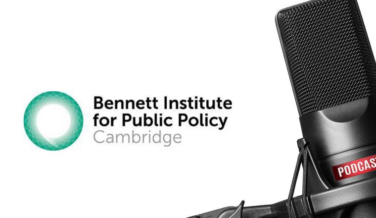 Podcast microphone with Bennett Institute logo