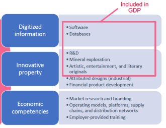 Intangible assets included in GDP include digitized information (software,database) and Innovative property (R&D; mineral exploration; artistic, entertainment, and literary originals).