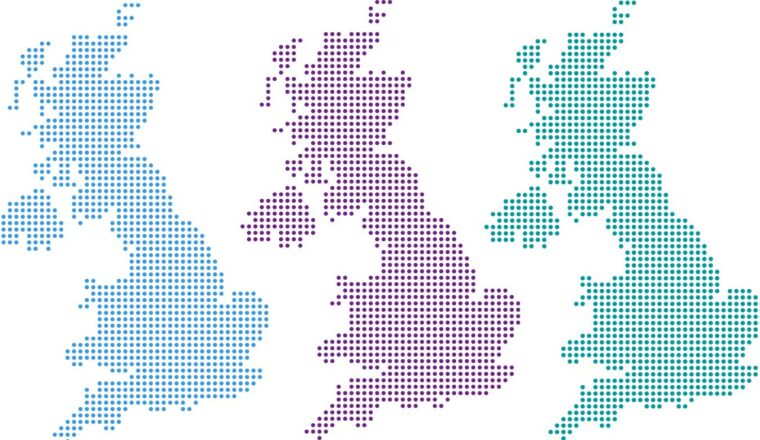 Three maps of UK made out of dots