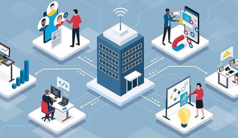 Graphic showing digital connectivity in a workplace