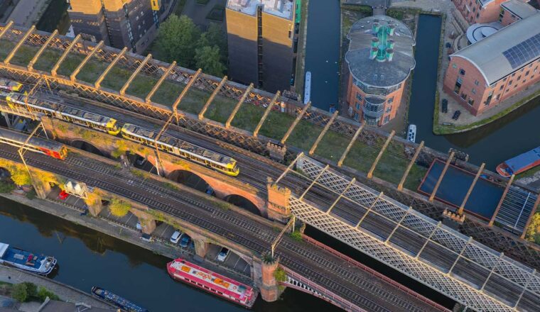 Aerial image of Manchester's canal, tram and rail network