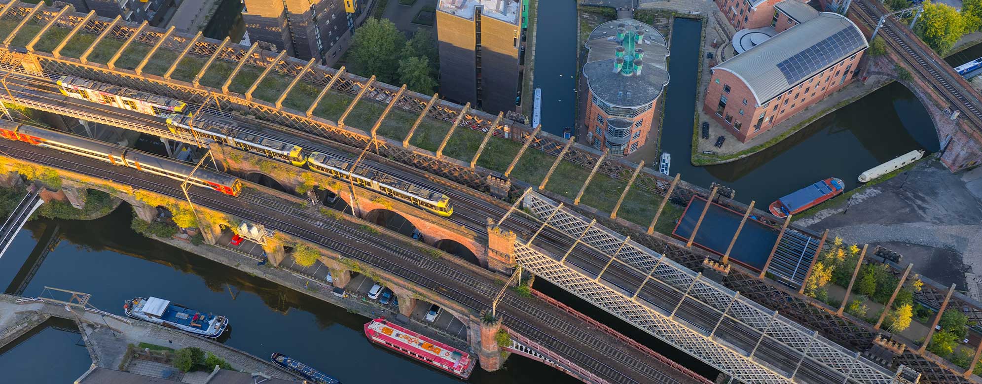 Aerial image of Manchester's canal, tram and rail network