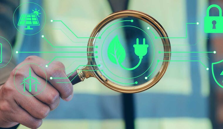 Person holding a magnifying glass over a green energy symbol, with digital icons representing solar power, wind energy, battery storage, cybersecurity and clean technology.