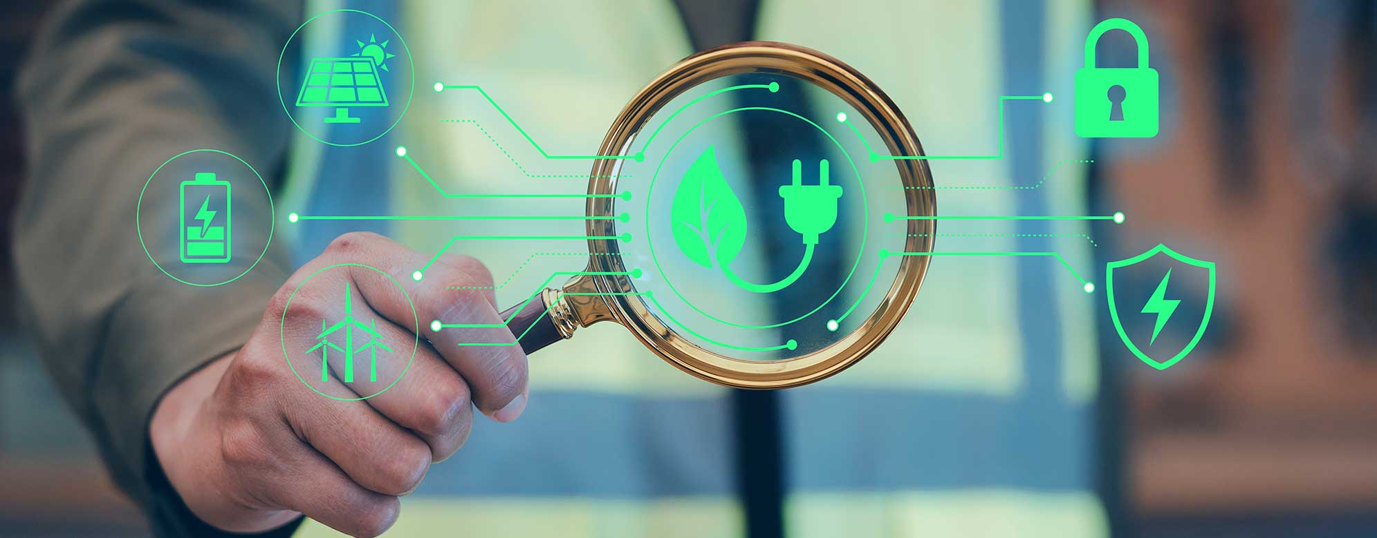Person holding a magnifying glass over a green energy symbol, with digital icons representing solar power, wind energy, battery storage, cybersecurity and clean technology.